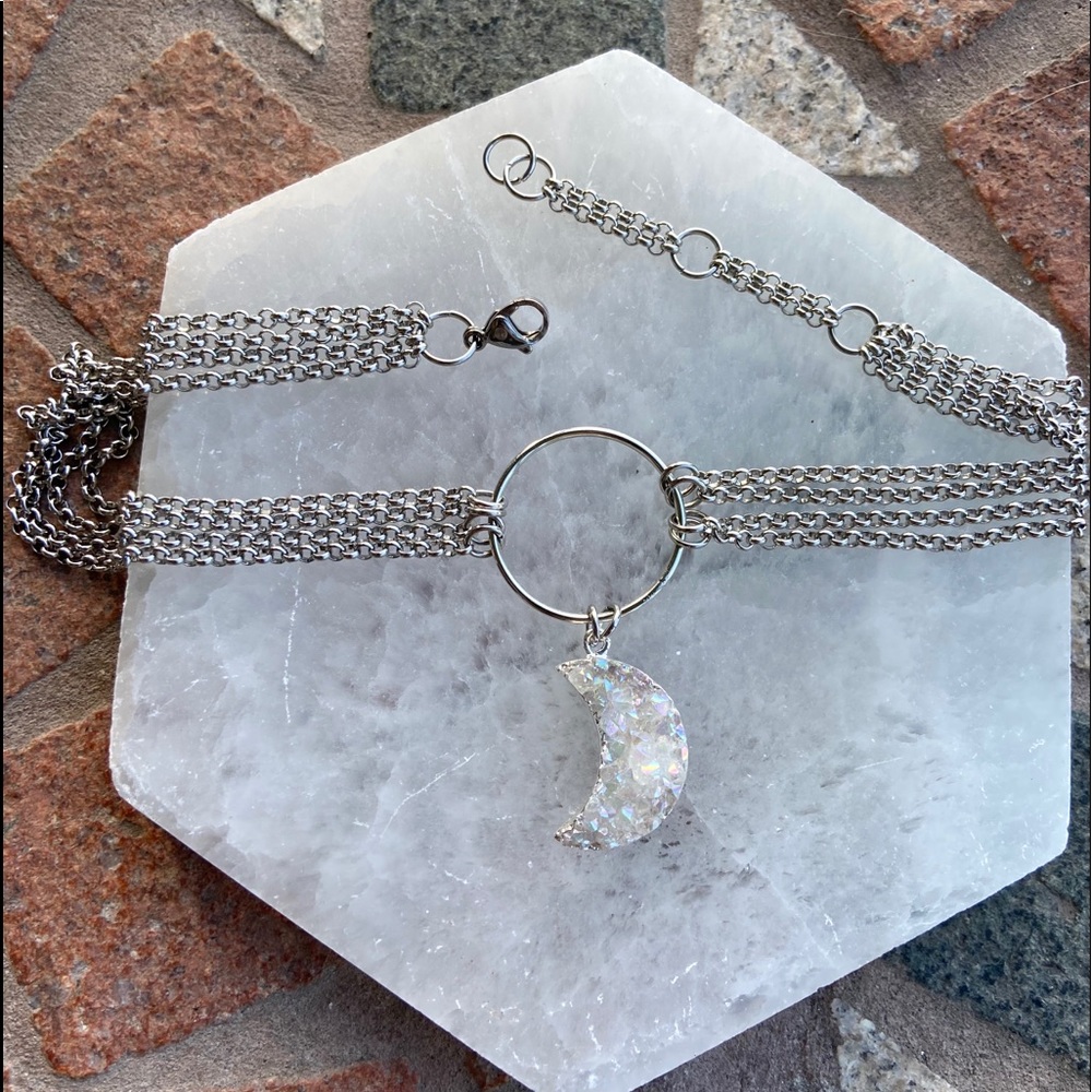 Moon crystal necklace . Stainless steel chains druzy aura quartz moon charm boho - Picture 13 of 15